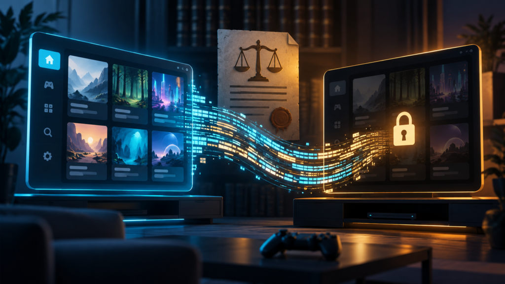 Ilustración editorial: dos tiendas digitales para PS5 conectadas por fragmentos de código y una licencia.
