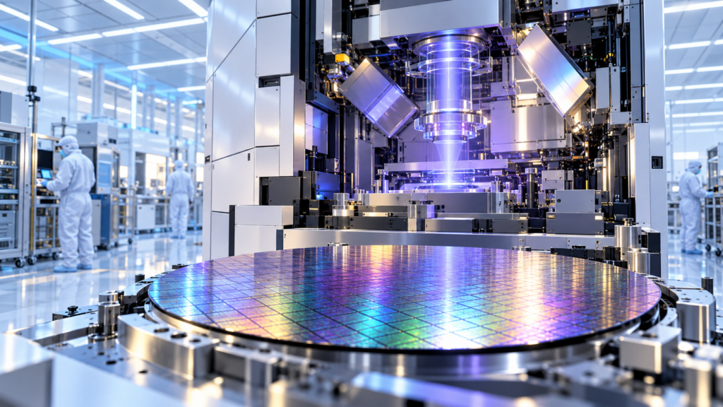 ASML avisa: sus máquinas para fabricar chips de IA no darán abasto en 2027 y 2028 Ilustración editorial de una máquina de litografía avanzada y una oblea de silicio en una sala limpia; no representa un equipo concreto de ASML.