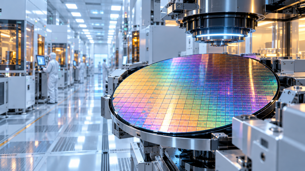 TSMC gana un 68,7% más y prevé crecer un 44% en 2026 con los chips avanzados Ilustración editorial de una oblea de silicio en una fábrica de semiconductores; no representa una instalación real de TSMC.