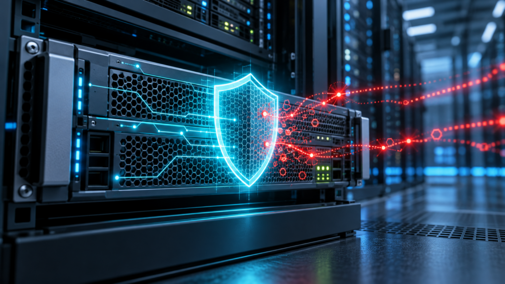 Ilustración editorial de un firewall de red que bloquea un ciberataque mediante una barrera luminosa