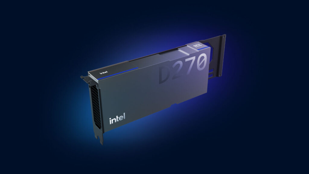 Render oficial de la tarjeta Intel GPU D270 para inferencia de inteligencia artificial