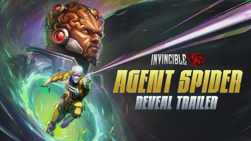 Agent Spider sale de un portal verde con Angstrom Levy al fondo en el arte oficial de Invincible VS