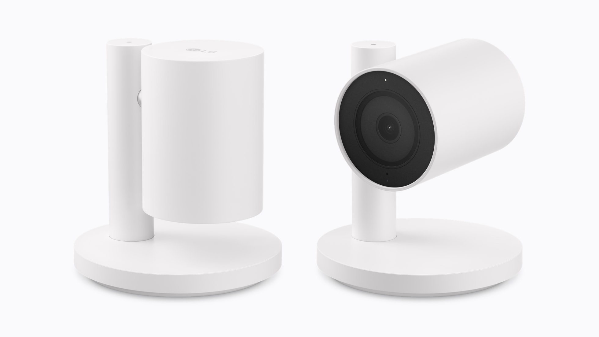Cámara interior LG Indoor Cam Plug-In en dos posiciones, inclinada hacia arriba y hacia abajo.
