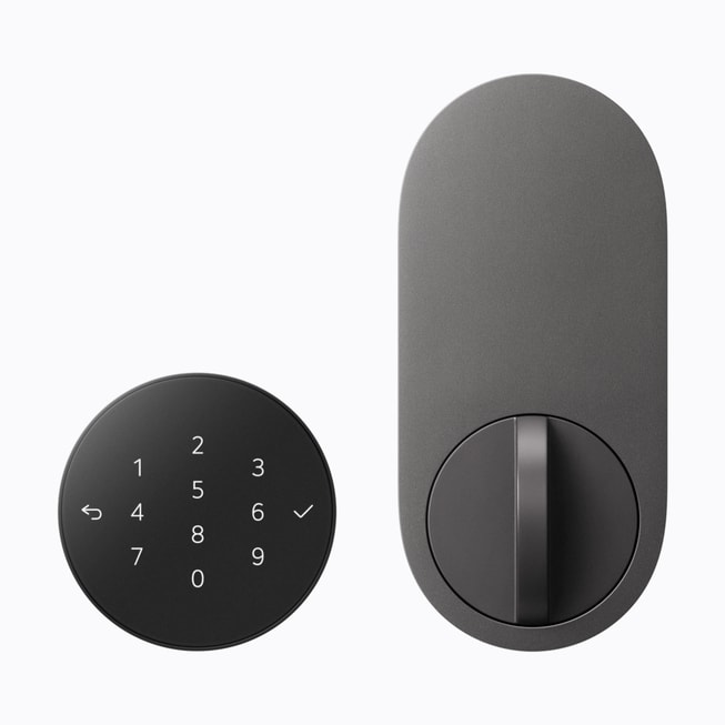 Cerradura inteligente LG Smart Deadbolt Lock con teclado exterior y mecanismo interior.