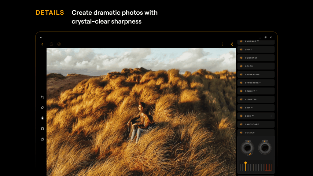 Interfaz de Luminar editando una fotografía de una persona en un campo de hierba dorada.