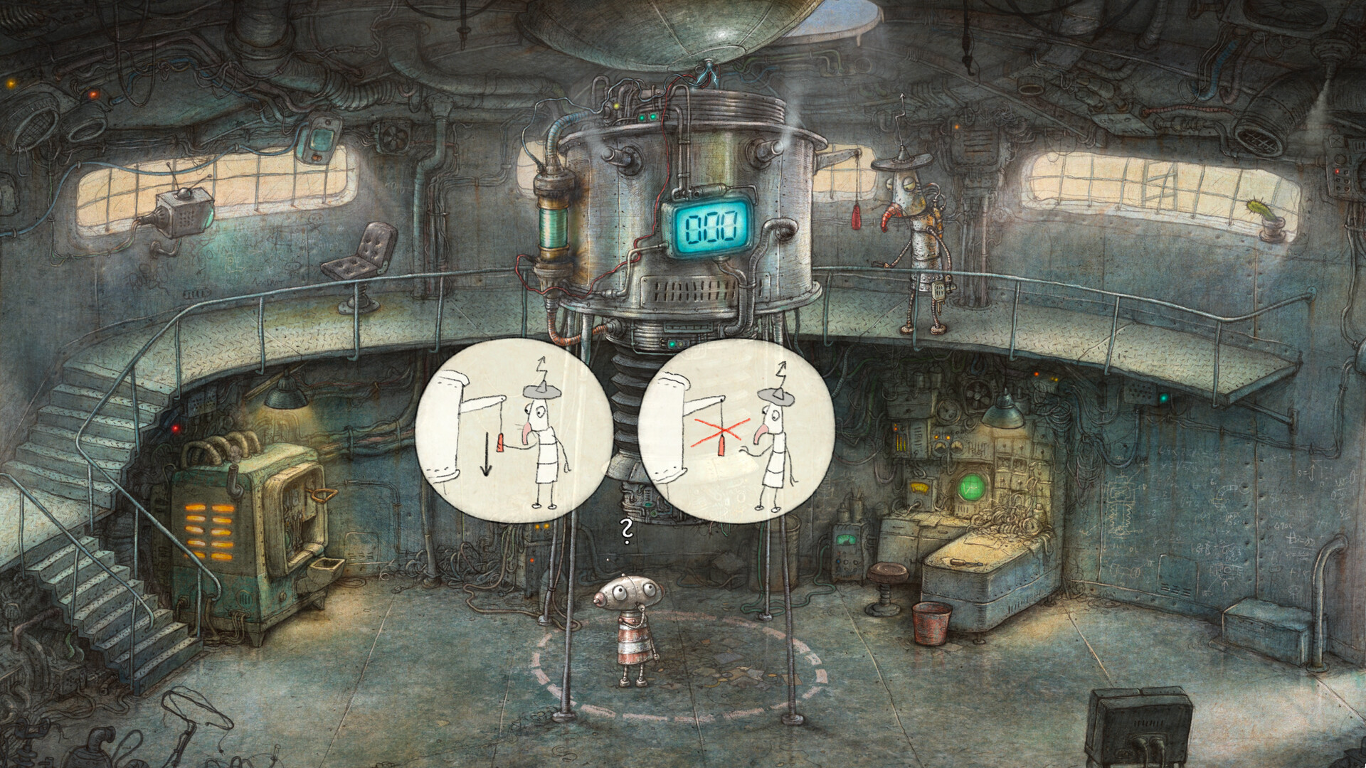 Berta en un escenario industrial de Machinarium 2 con bocadillos que representan acciones