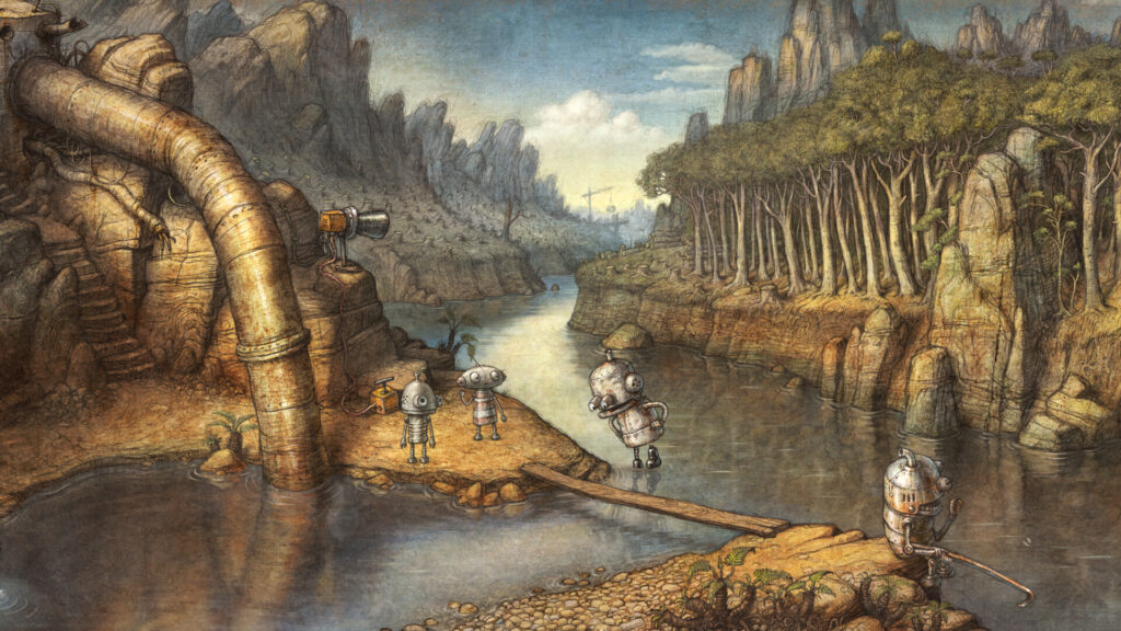 Josef y Berta junto a otros robots en un valle con río y tuberías de Machinarium 2