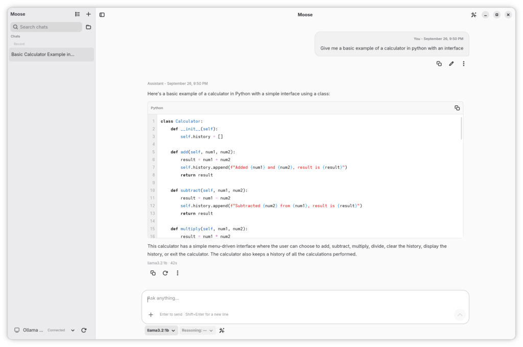 Ventana de Moose con una conversación sobre código Python y una barra lateral de chats