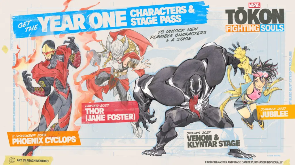 Phoenix Cyclops, Thor Jane Foster, Venom y Jubilee en el calendario del pase Year 1, ilustrado por Peach Momoko