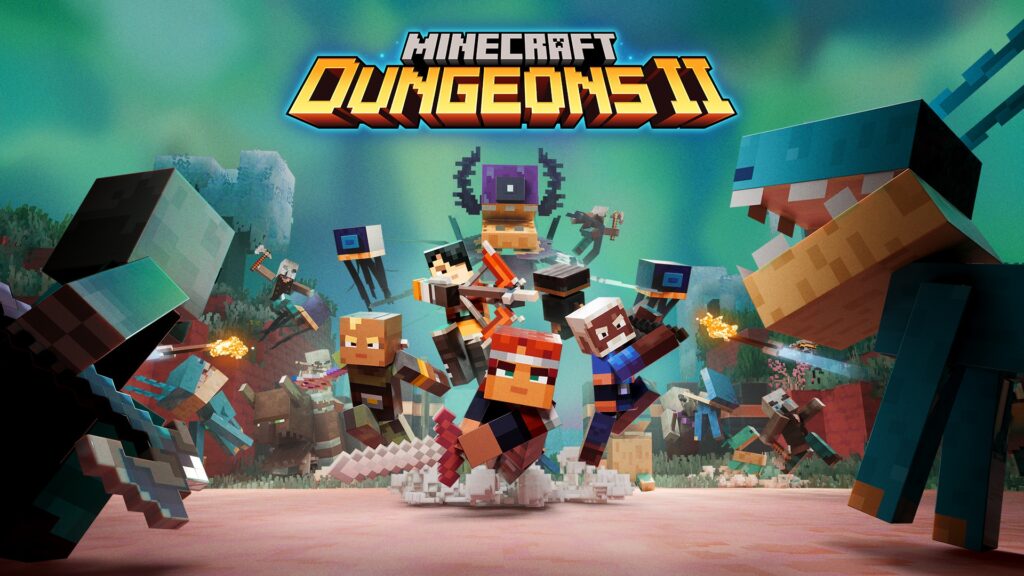 Arte de portada de Minecraft Dungeons II con el logotipo del juego.