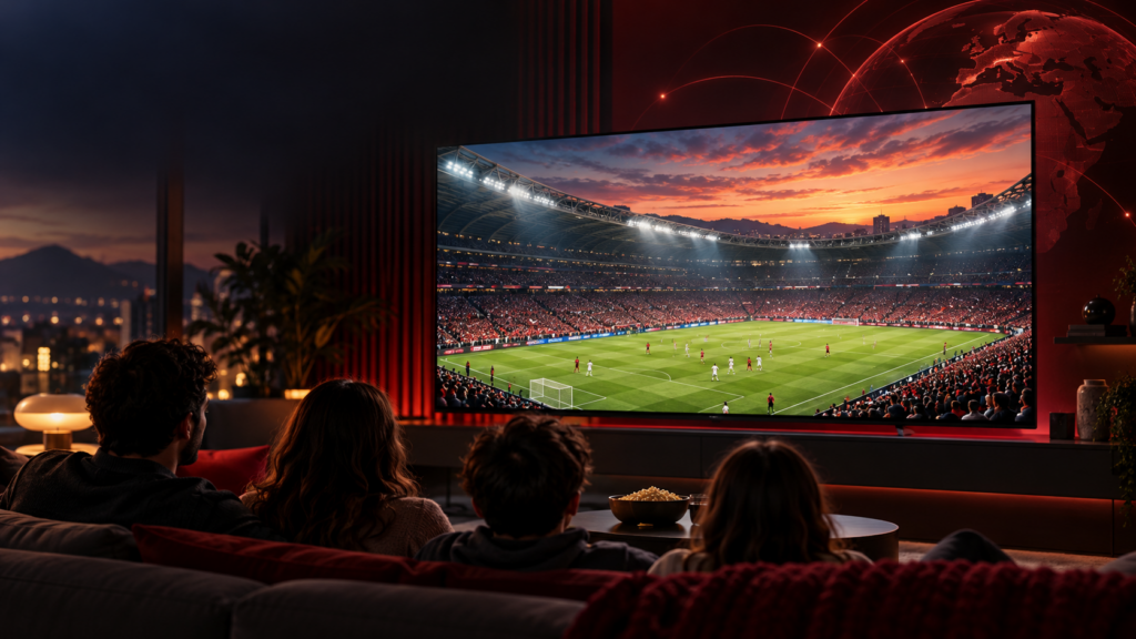 Ilustración editorial de una familia viendo en streaming un partido de fútbol en un televisor, para acompañar la noticia de los derechos del Mundial 2030.