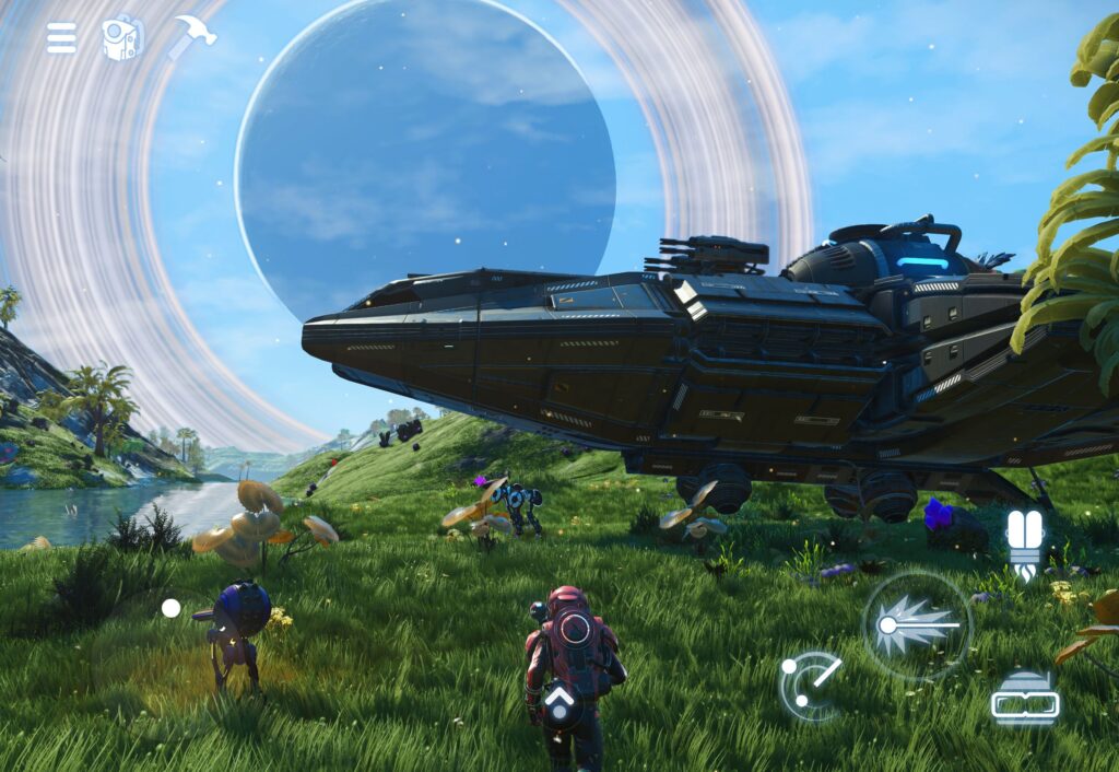 Captura oficial de No Man’s Sky para iPad, con una nave sobre un paisaje verde y controles táctiles