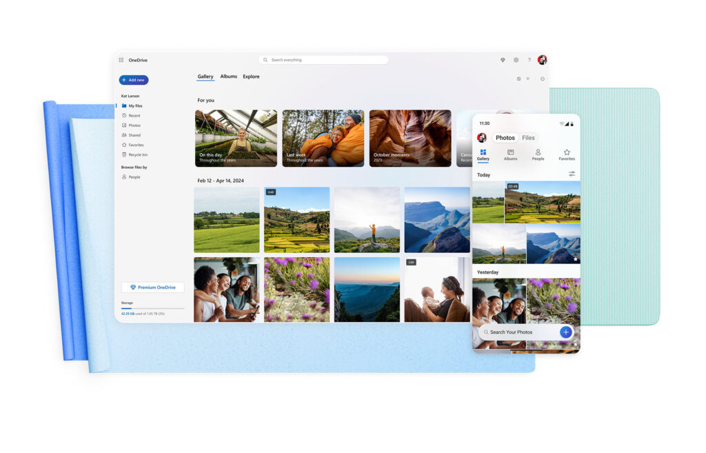 Imagen oficial de OneDrive con la galería de fotos en su interfaz web y móvil
