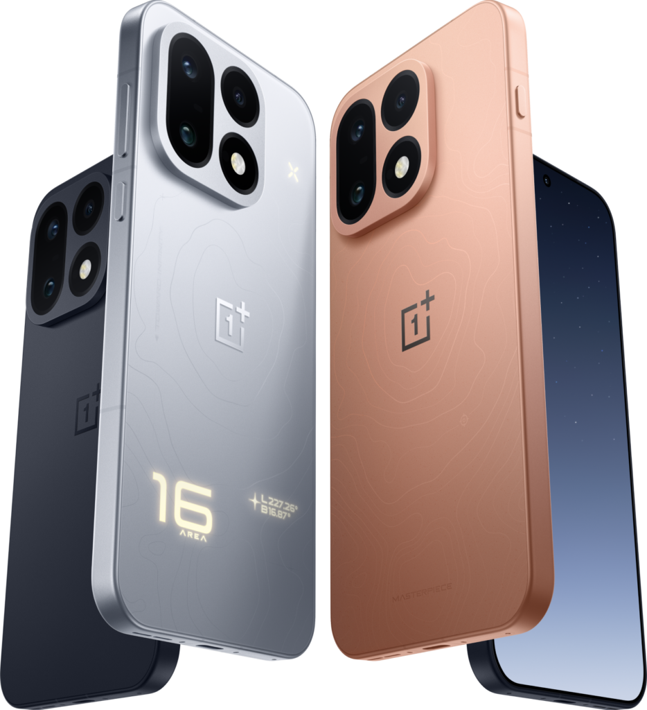 Render oficial del OnePlus 16 en varios acabados, con el módulo de cámaras y la iluminación trasera del modelo plateado