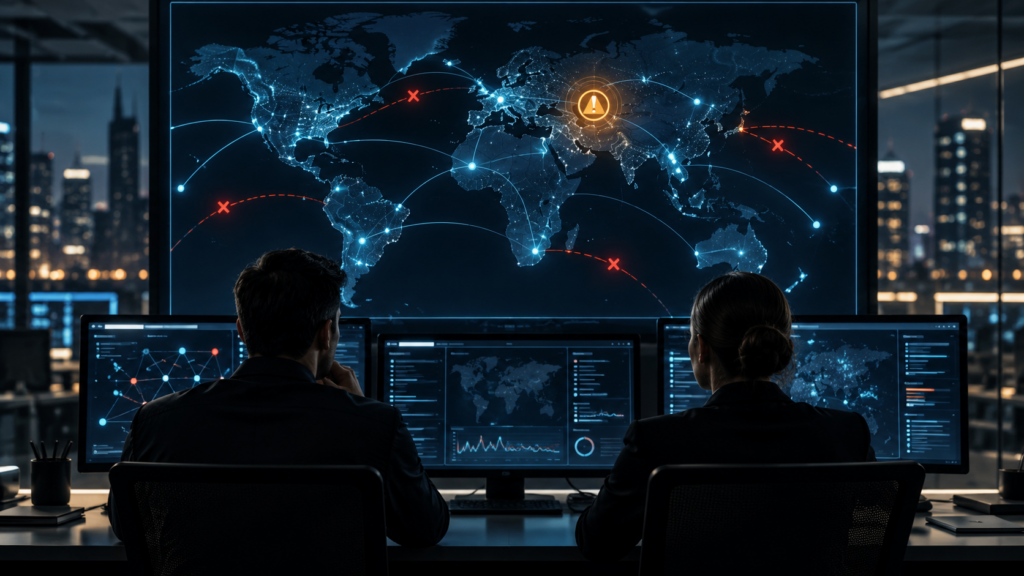 Dos analistas observan un mapa de red con alertas en una sala de operaciones