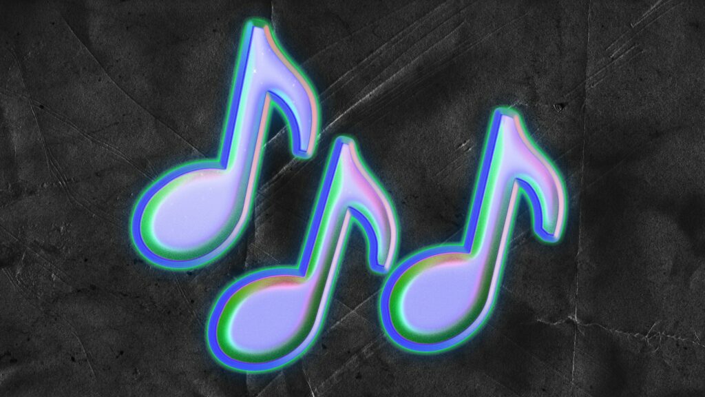 Notas musicales luminosas sobre fondo oscuro, una imagen sobre el auge de la música generada con IA