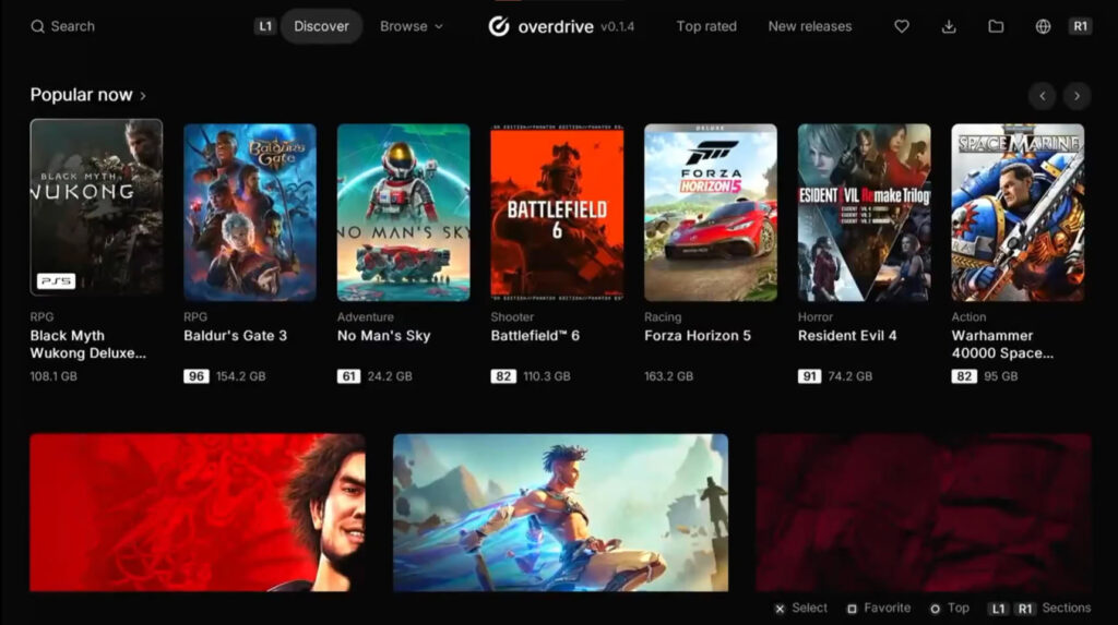 Captura de la interfaz de Overdrive en PlayStation 5