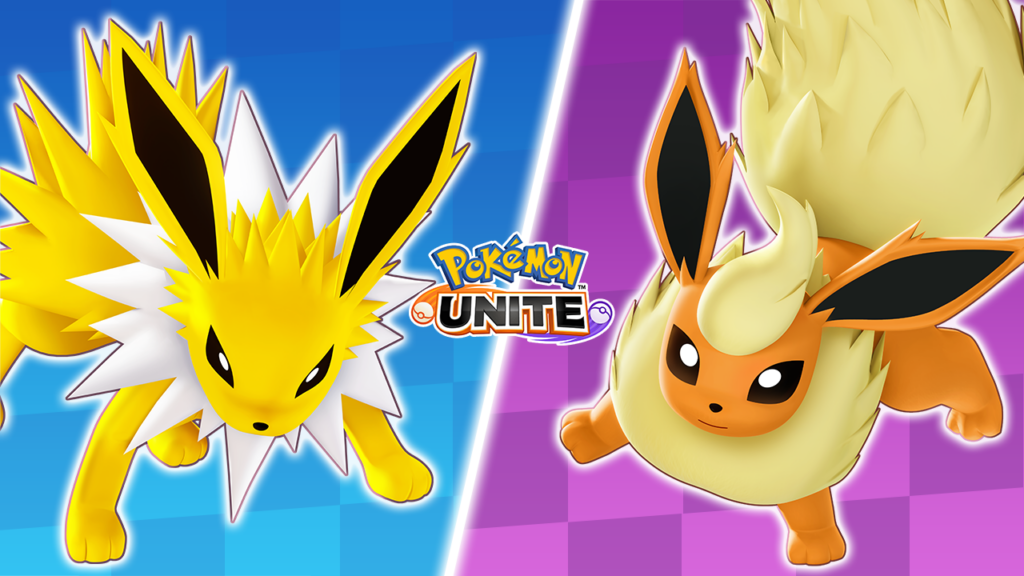 Jolteon y Flareon en el arte oficial de su incorporación a Pokémon UNITE, sobre fondos azul y morado.