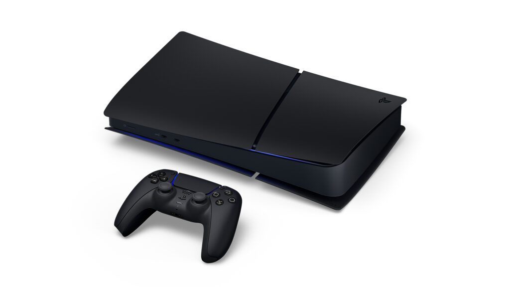 PS5 Digital Edition Midnight Black japonesa en posición horizontal junto a un mando DualSense negro