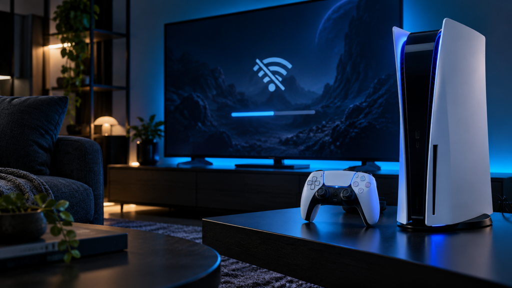 Consola y mando junto a una pantalla que muestra una conexión de juego desconectada