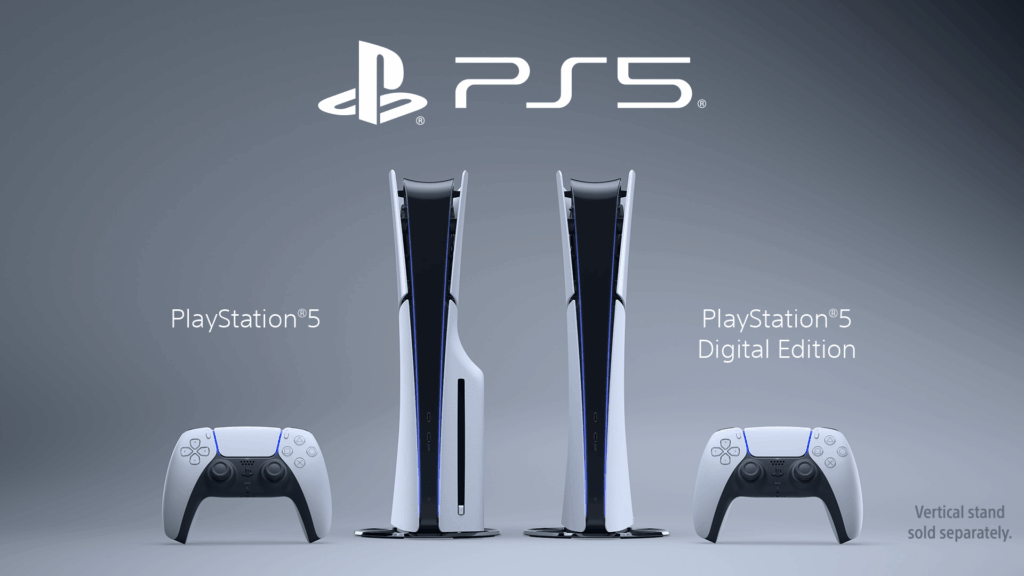 Consolas PS5 y PS5 Digital Edition junto a sus mandos DualSense, en una imagen oficial de Sony