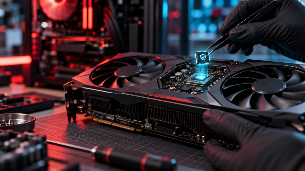 Ilustración de una tarjeta gráfica Radeon con un chip de firmware que recibe una actualización de seguridad.