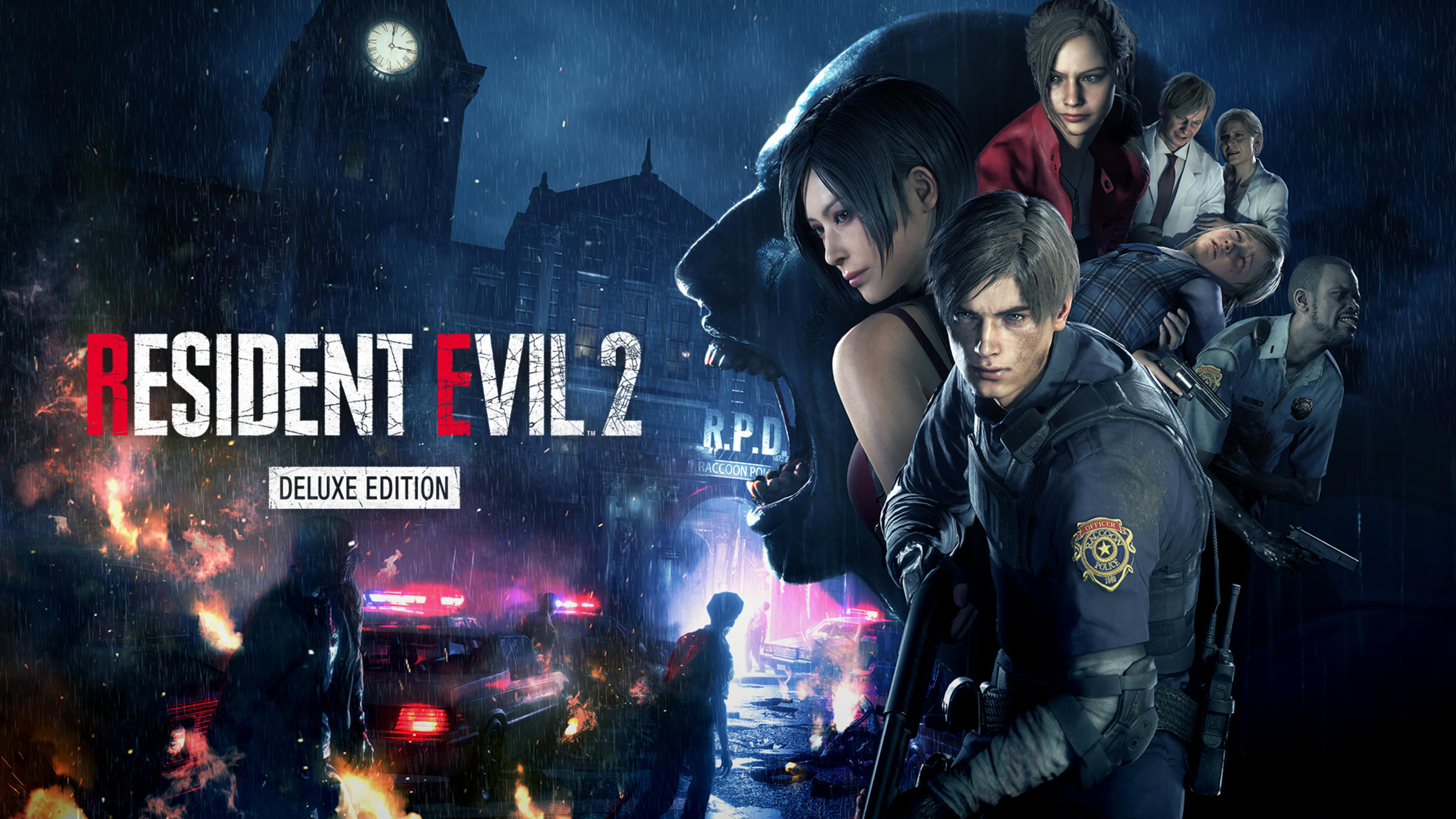 Arte oficial de Resident Evil 2 Deluxe Edition para Nintendo Switch 2, con Leon Kennedy y Claire Redfield en una calle de Raccoon City