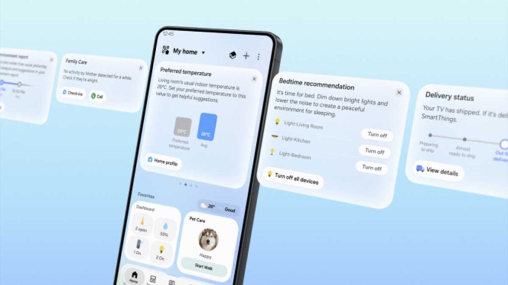 Interfaz de SmartThings Now con tarjetas contextuales en la pestaña Home