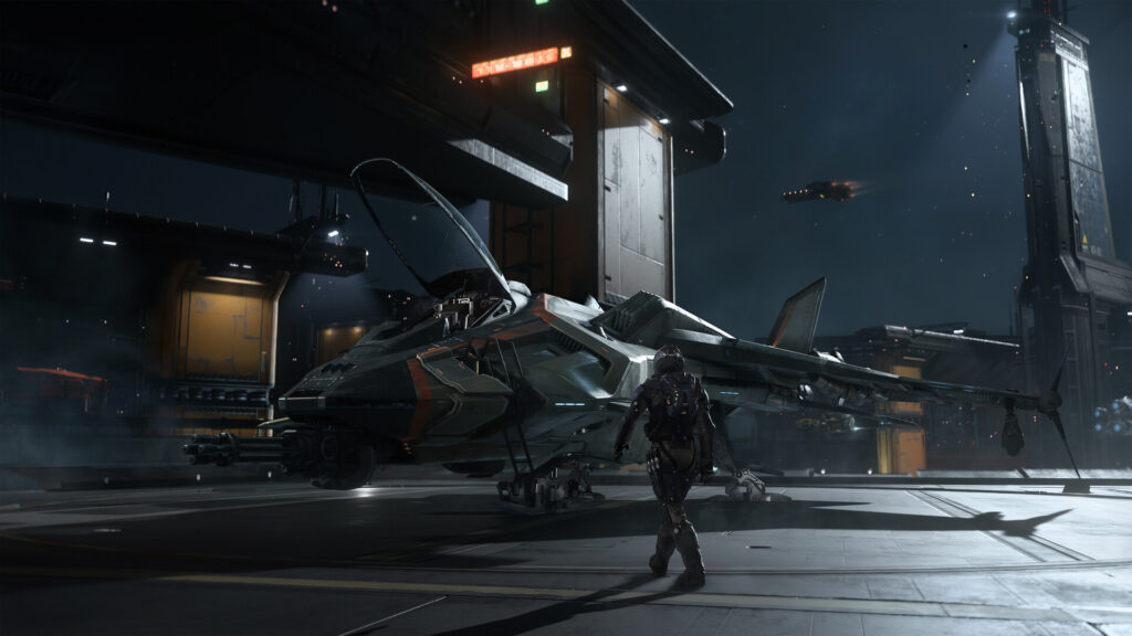 Un personaje se acerca a un caza espacial con la cabina abierta en Squadron 42