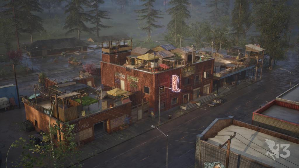 Asentamiento de State of Decay 3 construido sobre un hotel, con huertos, paneles solares y puestos de vigilancia
