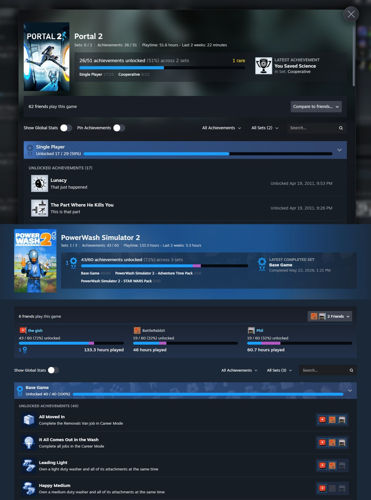 Nueva página de logros de Steam para Portal 2 y PowerWash Simulator 2, con conjuntos separados y barras de progreso
