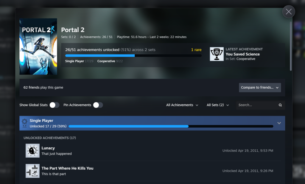 Captura de la beta de Steam con el progreso de logros de Portal 2 separado en dos conjuntos