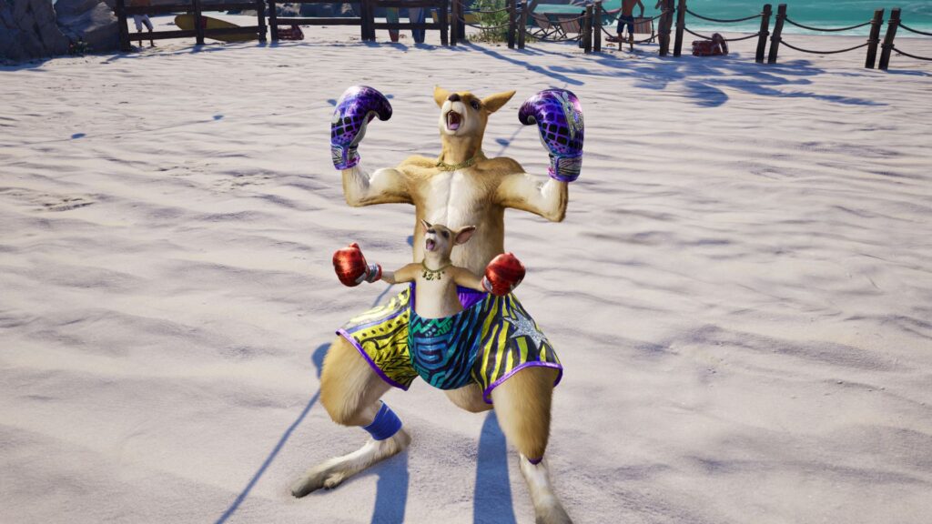 Roger Jr. y su madre con guantes de boxeo en una playa de Tekken 8