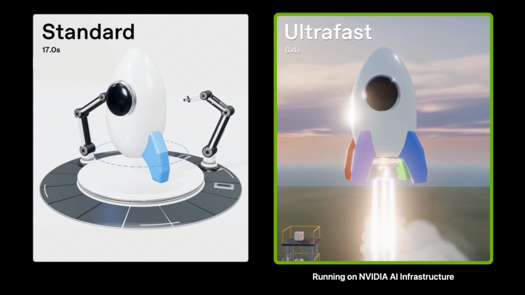 Comparación visual entre los modos Standard y Ultrafast, con una nave espacial y el rótulo de infraestructura de IA de NVIDIA.