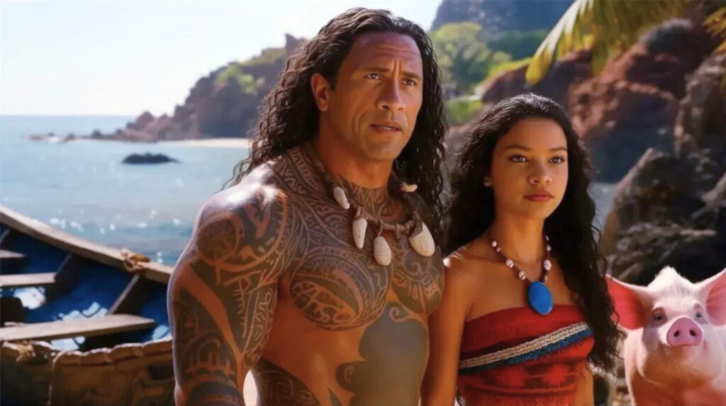 Catherine Lagaʻaia como Vaiana y Dwayne Johnson como Maui en la adaptación de acción real de Disney