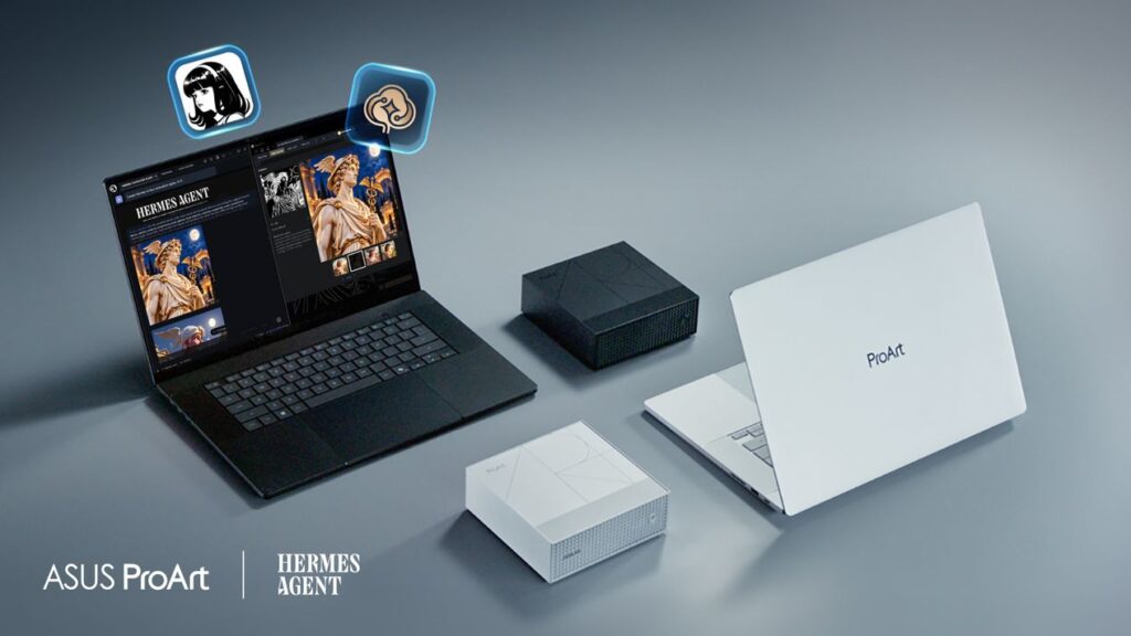 Dos portátiles ASUS ProArt y dos mini PC sobre una mesa; en la pantalla de un portátil aparece Hermes Agent.