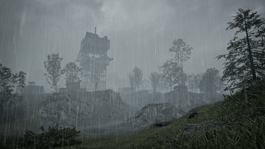 Torre de vigilancia y terreno rocoso bajo la lluvia en una captura oficial de WARDOGS Season 2