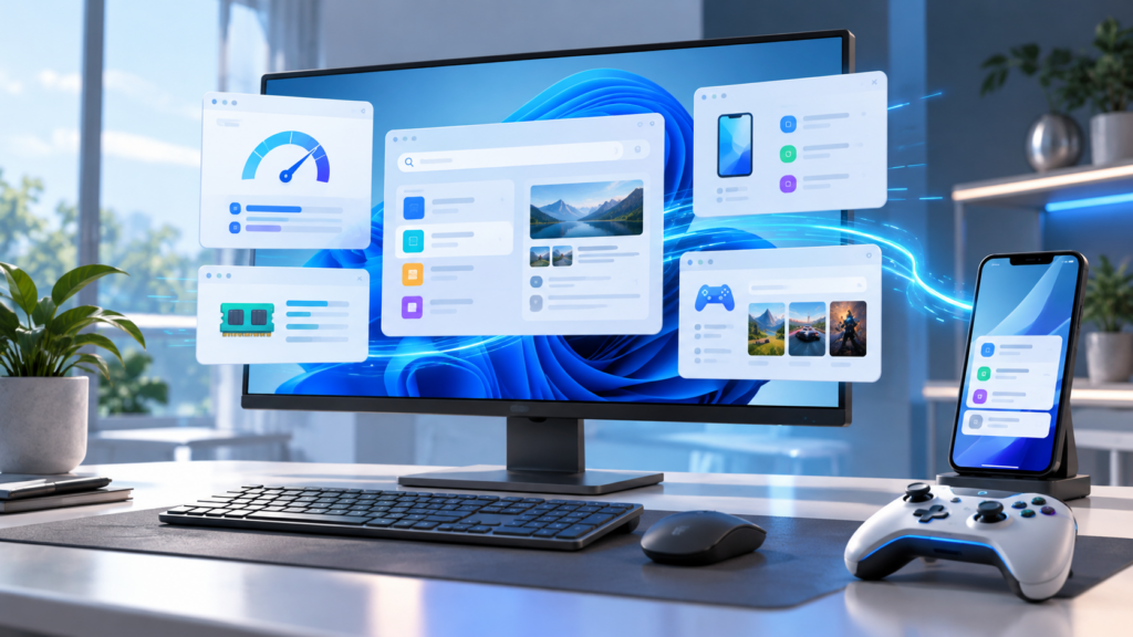 Ilustración editorial conceptual de un ordenador y un móvil conectados, con ventanas de software y un mando de juego; no es una captura real de Windows 11.