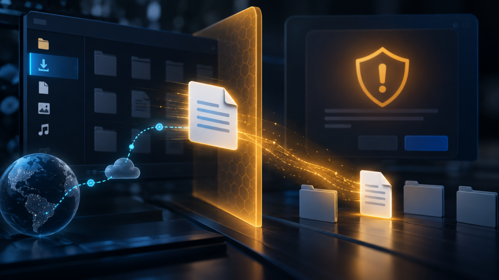 Actualiza Windows: Microsoft confirma ataques contra un fallo que esquiva las alertas de seguridad Ilustración editorial: un archivo descargado atraviesa una barrera de seguridad y evita una advertencia de Windows Shell